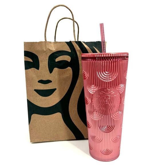 Starbucks 2022 Cold Cup Tumbler 24 oz Pink Pearl Shimmer Shell Mermaid Scales - Picture 1 of 7